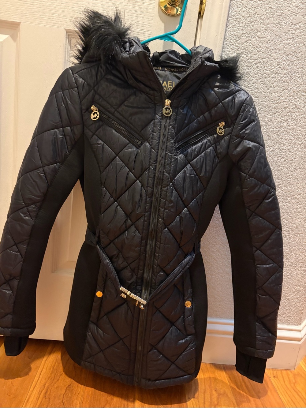 Michael Kors Black Quilted Hooded Puffer Jacket with Faux-Fur Trim
